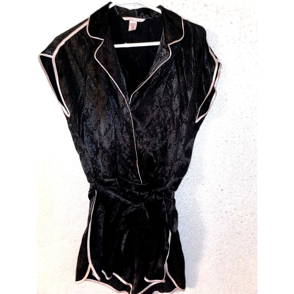 Victoria Secret Women's Satin Romper Pajama Lounge Black Sz S Satin Logo